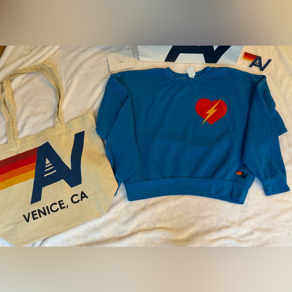 NWT Aviator Nation Bolt Heart Relaxed Crew Sweatshirt Blue  XS + Tote Bag